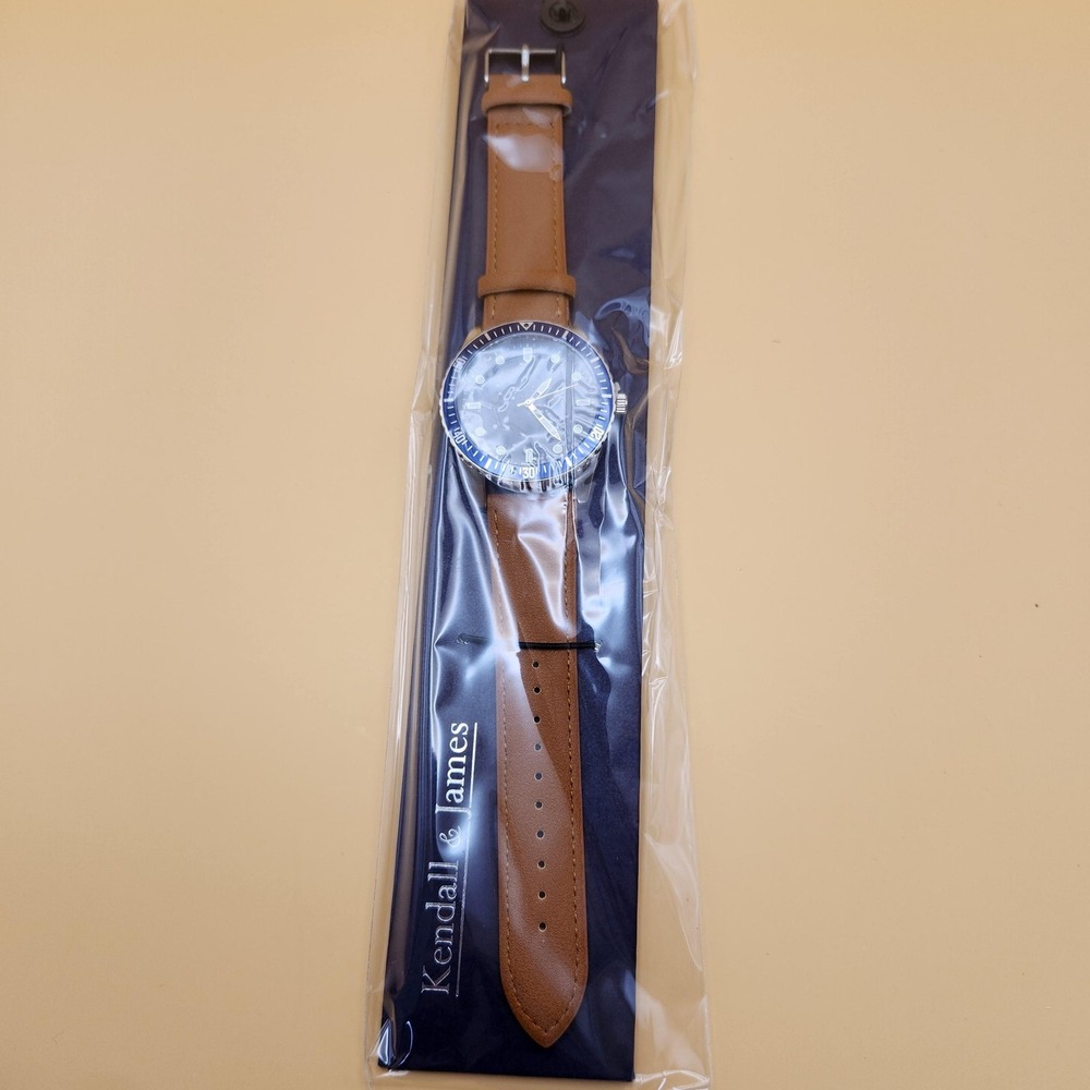 Kendall & James Watch Blue Bezel Mens Analog‎ Brown Leather Band New With Tags